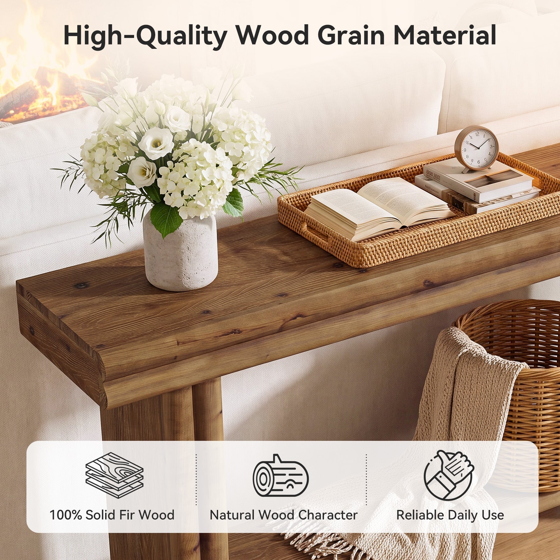 63" Solid Wood Console Table, 2-Tier Farmhouse Entryway Table with Storage Shelf