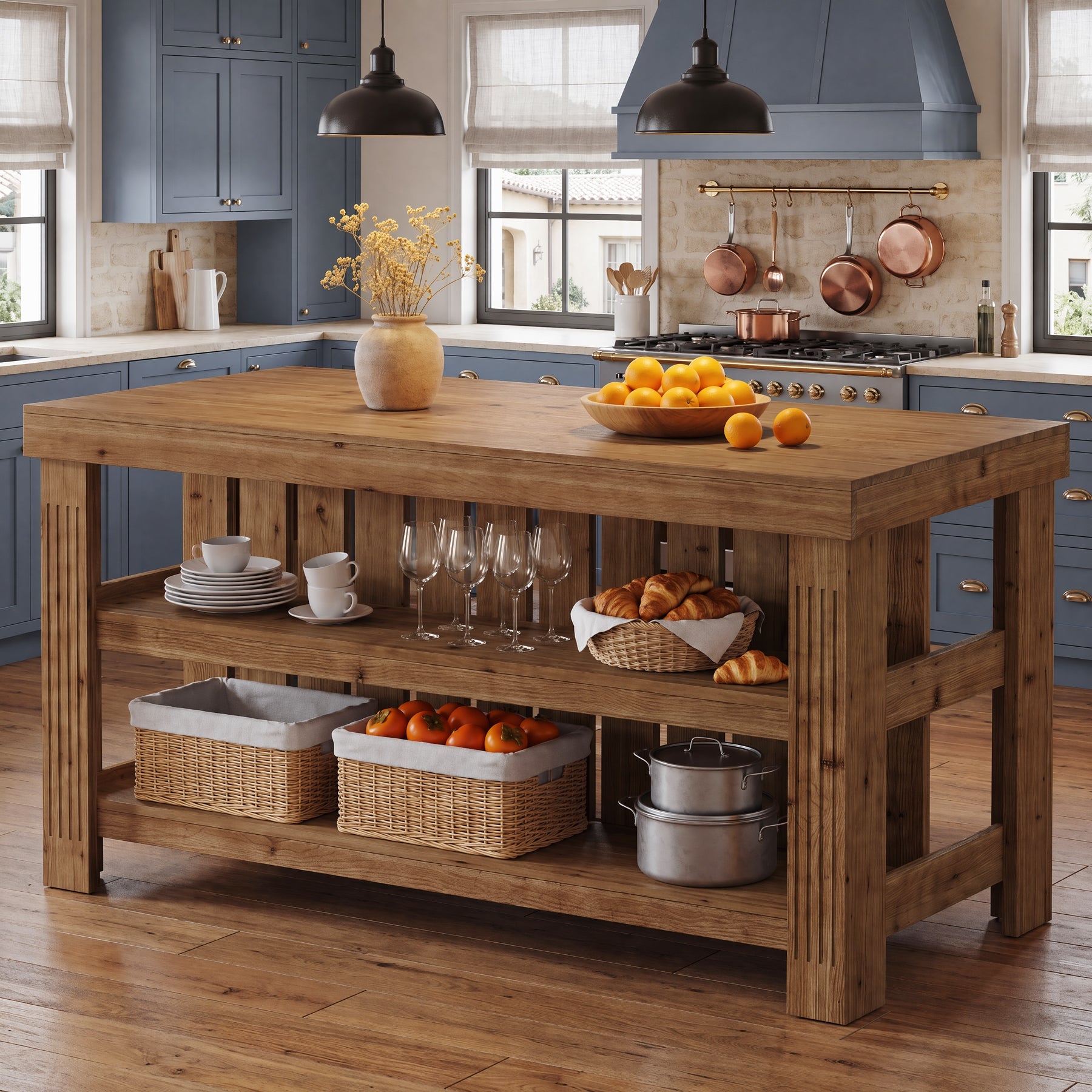 63" Solid Wood Kitchen Island, 3-Tier Farmhouse Stationary Island Table