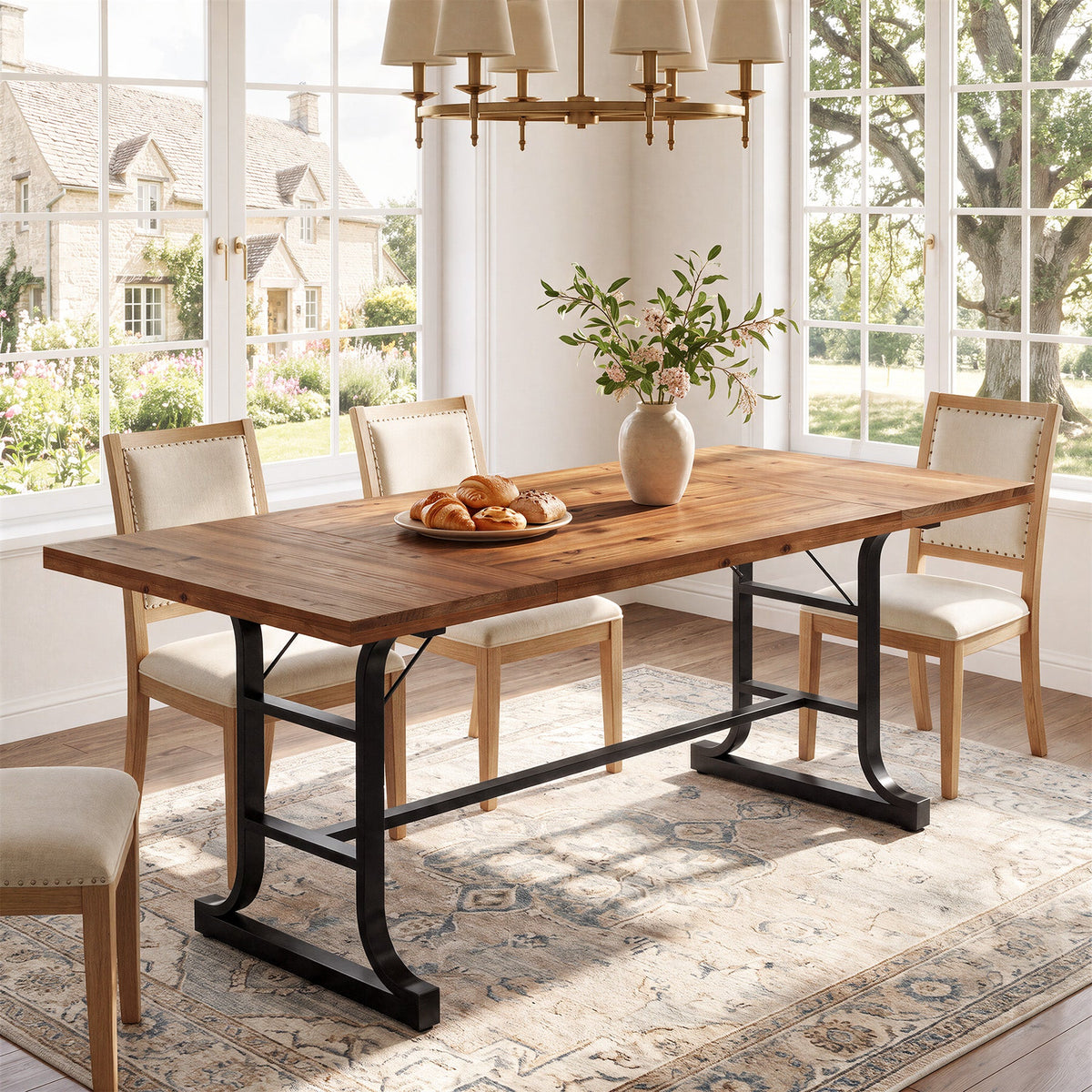 63" Solid Wood Dining Table for 4-6, Rectangular Kitchen Table with Metal Legs, Farmhouse