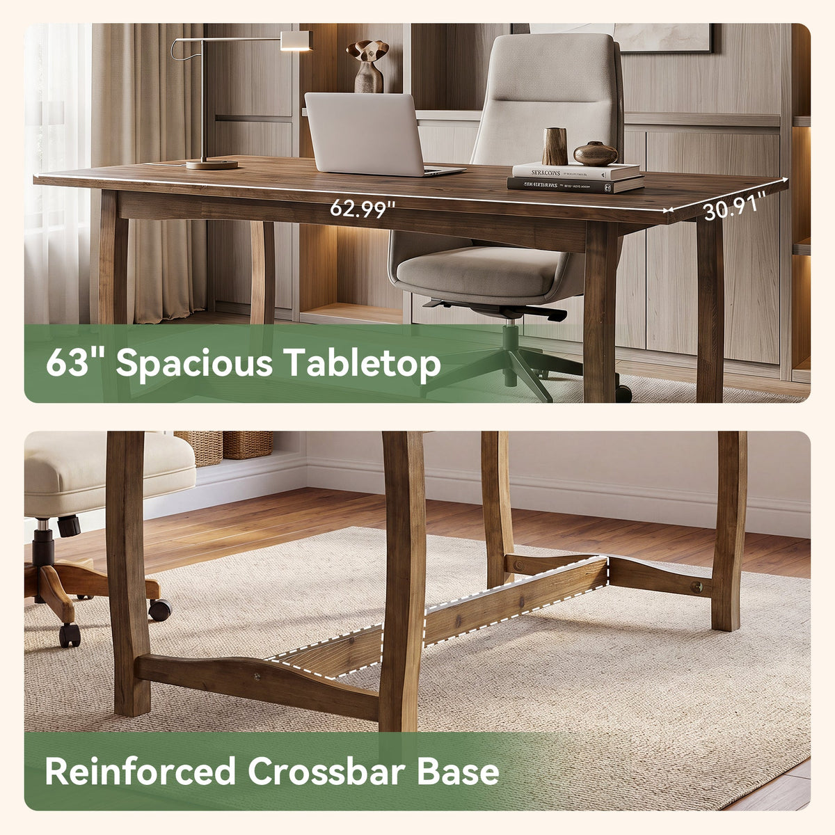 63" Solid Wood Executive Desk, Farmhouse Computer Desk with Reinforced Trestle Base