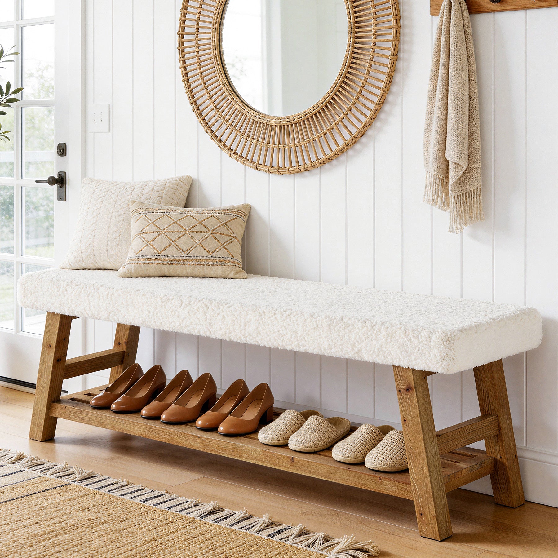 55" Upholstered Entryway Bench, 2-Tier Shoe Bench with Solid Wood Frame