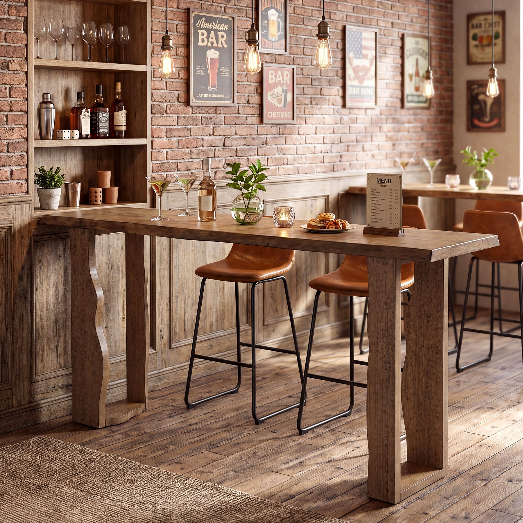 Solid Wood Bar Table with Curved Wave Legs, 70.9" Counter Height Pub Table for Kitchen