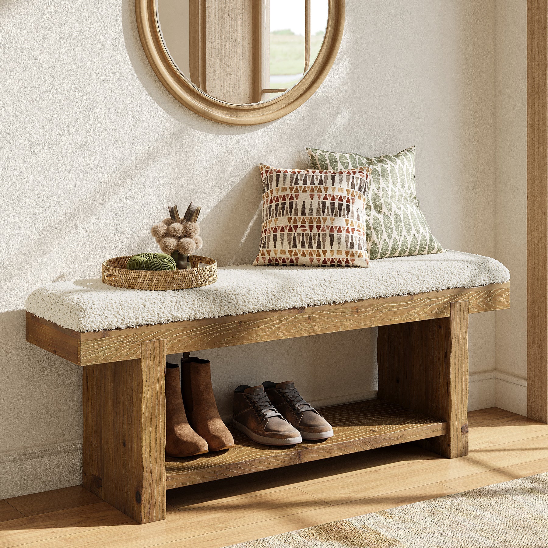 47.2" Solid Wood Farmhouse Bench, Upholstered Storage for Entryway