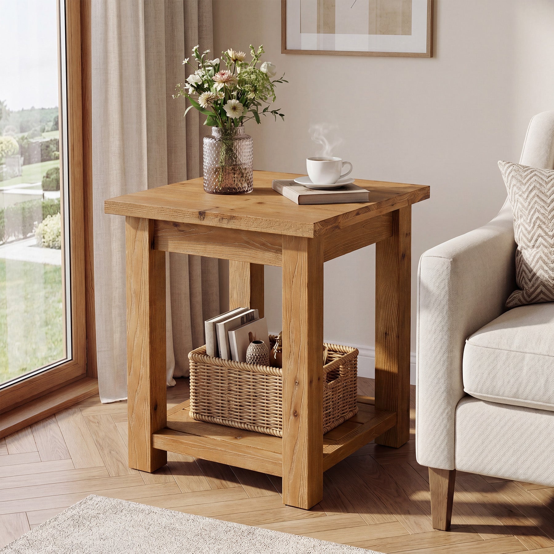 19.7" Solid Wood End Table, Square Side Table with Storage Shelves for Living Room