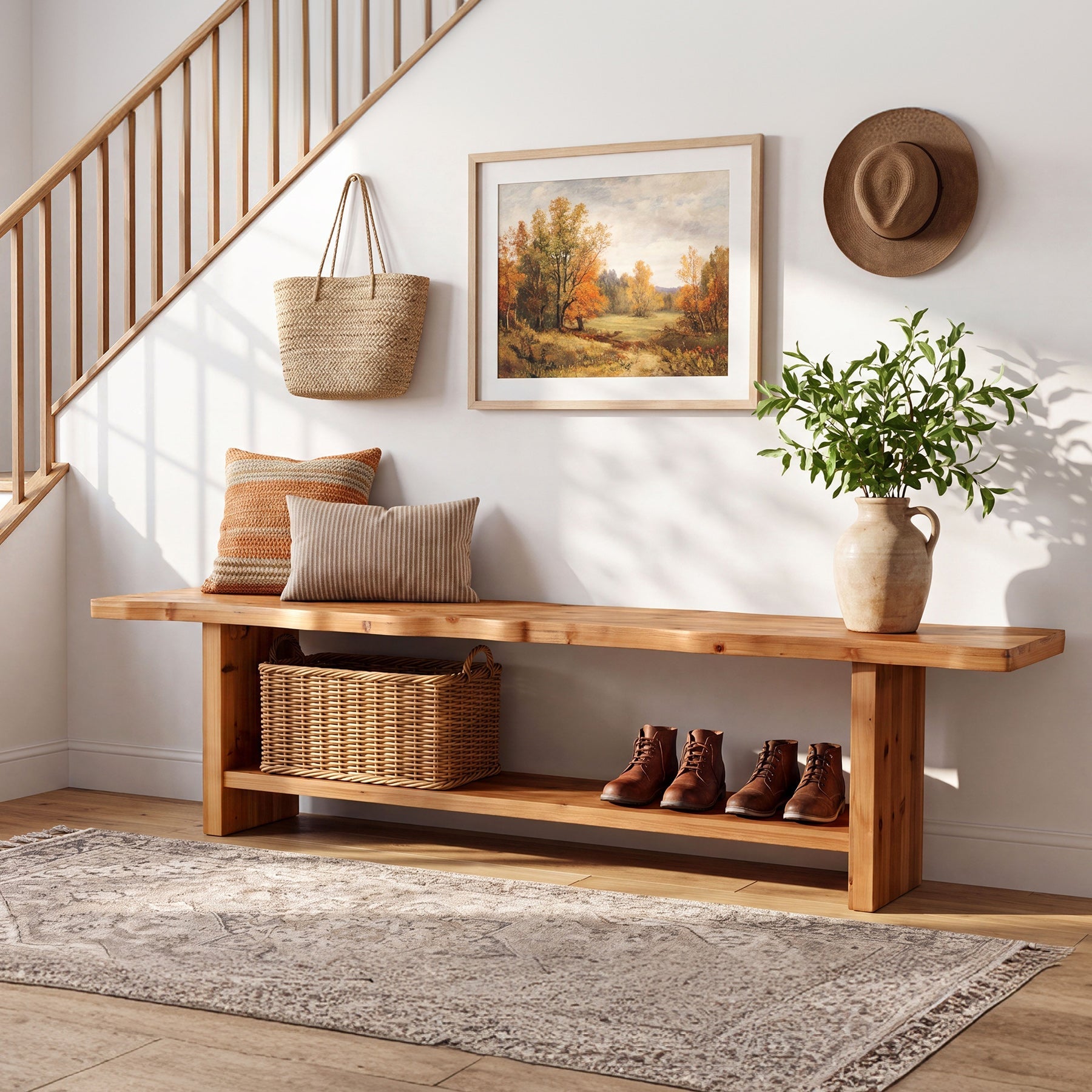 70.8" Solid Wood Entryway Bench, 2-Tier End of Bed Bench for Bedroom, Living Room