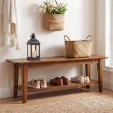 55" Solid Wood Entryway Bench, Farmhouse Shoe Storage Bench With Shelf For Hallway 3