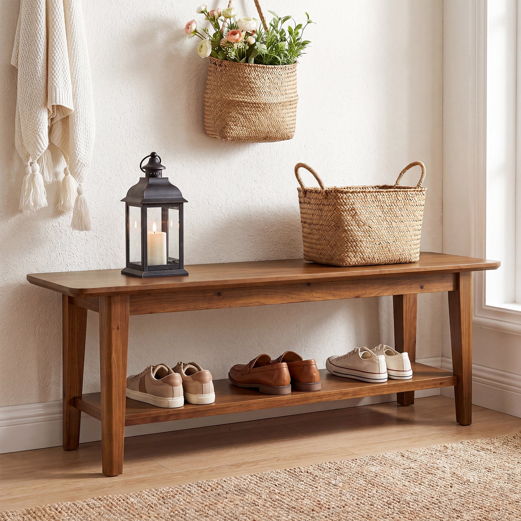 55" Solid Wood Entryway Bench, Farmhouse Shoe Storage Bench With Shelf For Hallway