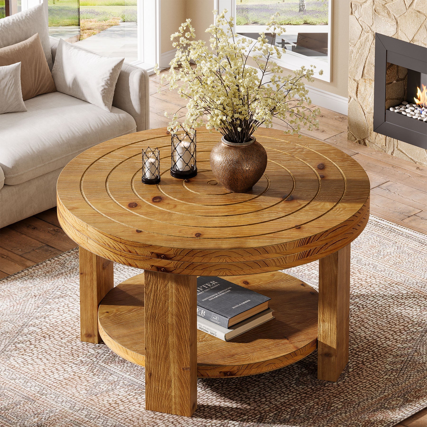 Round Solid Wood Coffee Table, 31.5" Center Table with 2-Tier Storage