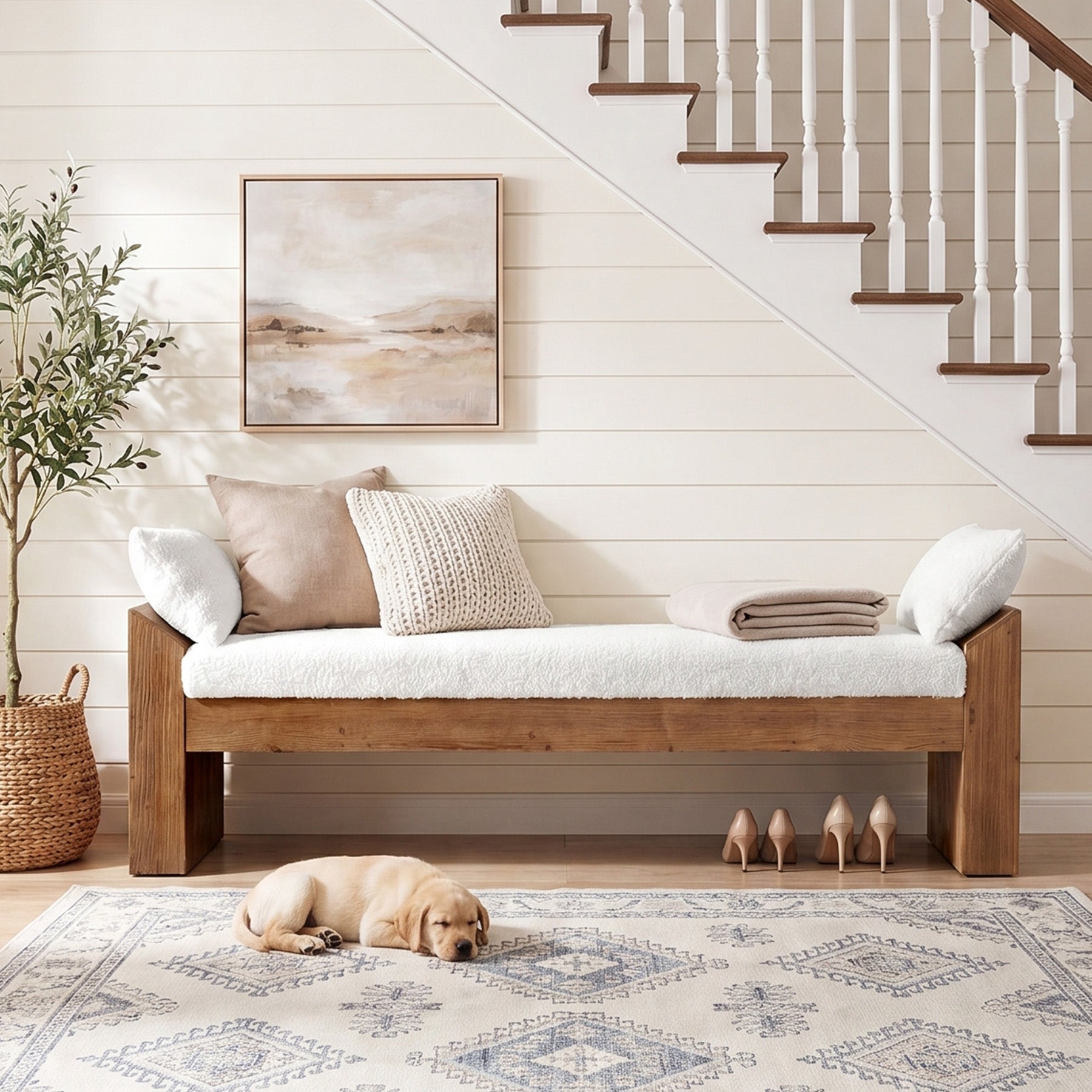 63" Solid Wood Entryway Bench with Sherpa Cushion & 2 Removable Pillows, Upholstered Farmhouse Shoe Bench