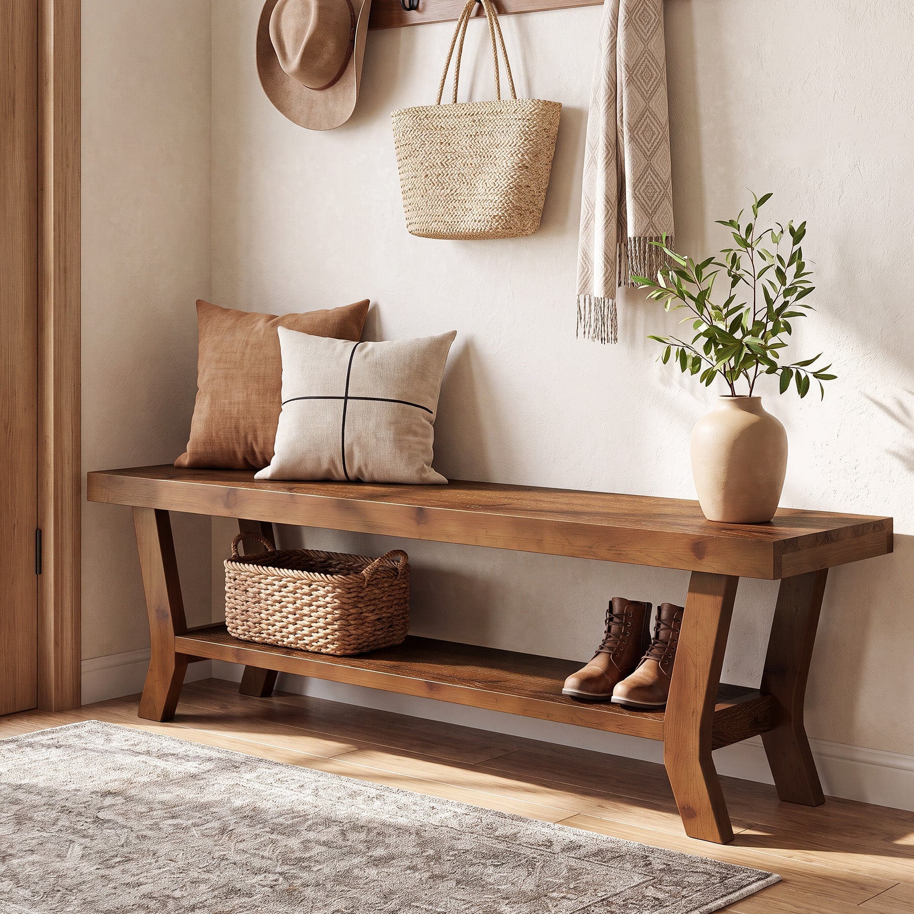 55-Inch Solid Wood Entryway Bench with Lower Shoe Shelf, Farmhouse Seat for Hallway
