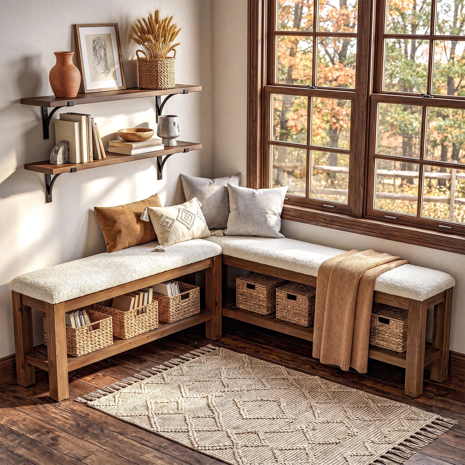 Solid Wood Entryway Bench Set, 55" L-Shaped Shoe Bench with Storage Shelf
