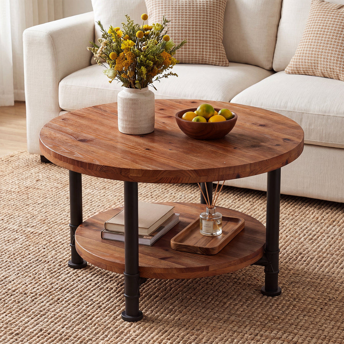 Solid Wood Round Coffee Table, 31.5" Circle Center Table with Storage Shelf & Metal Frame