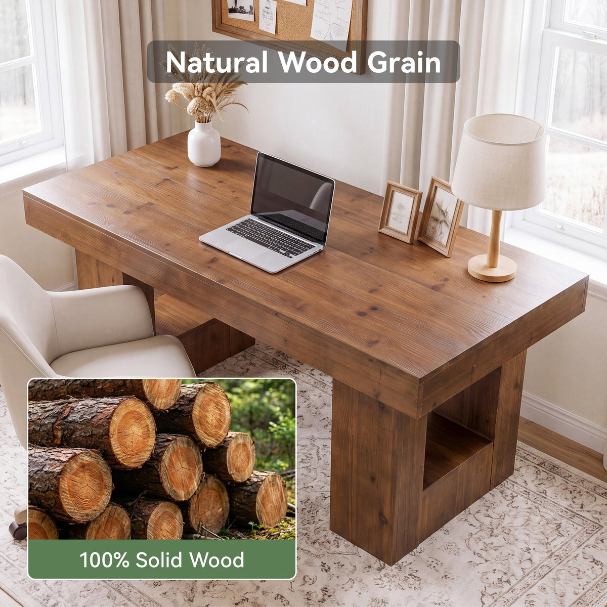 63" Solid Wood Computer Desk, Rectangular Home Office Desk with Sturdy Pedestal Base