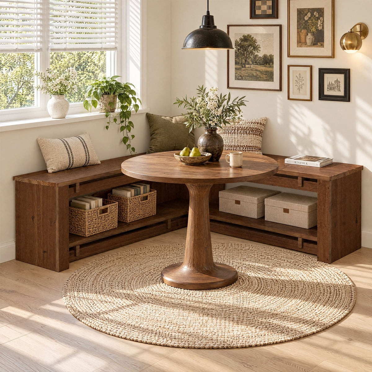 47" L-Shaped Corner Dining Bench, Rustic Solid Wood Breakfast Nook Bench with Shelf