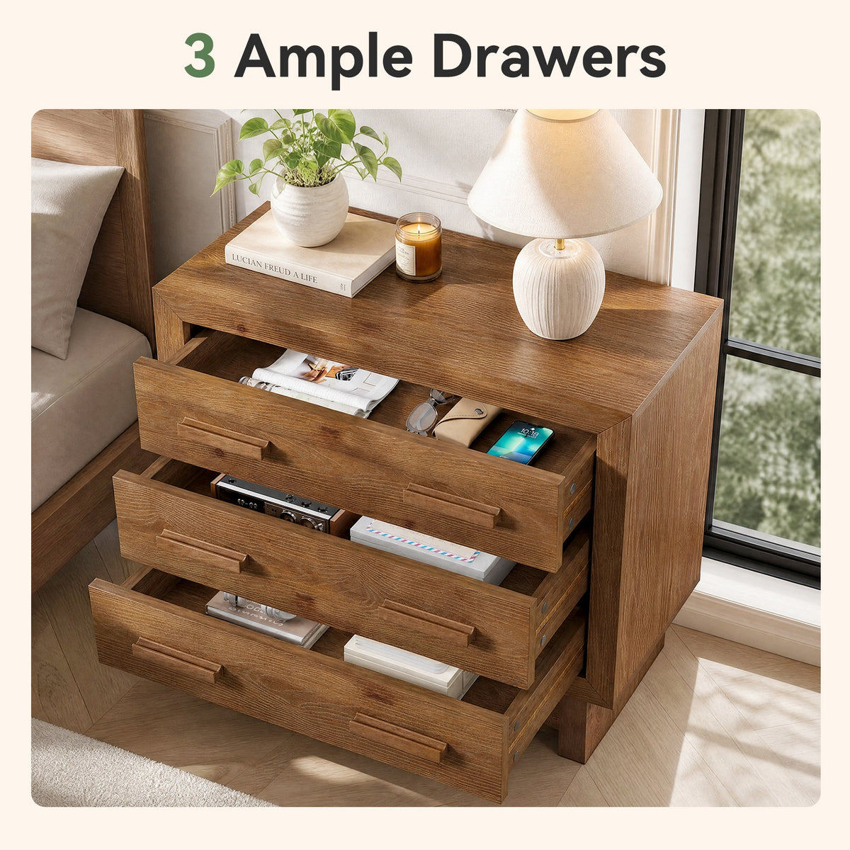 31.5” Solid Wood Nightstand, Oversized Bedside Table with 3 Large Drawers for Bedroom