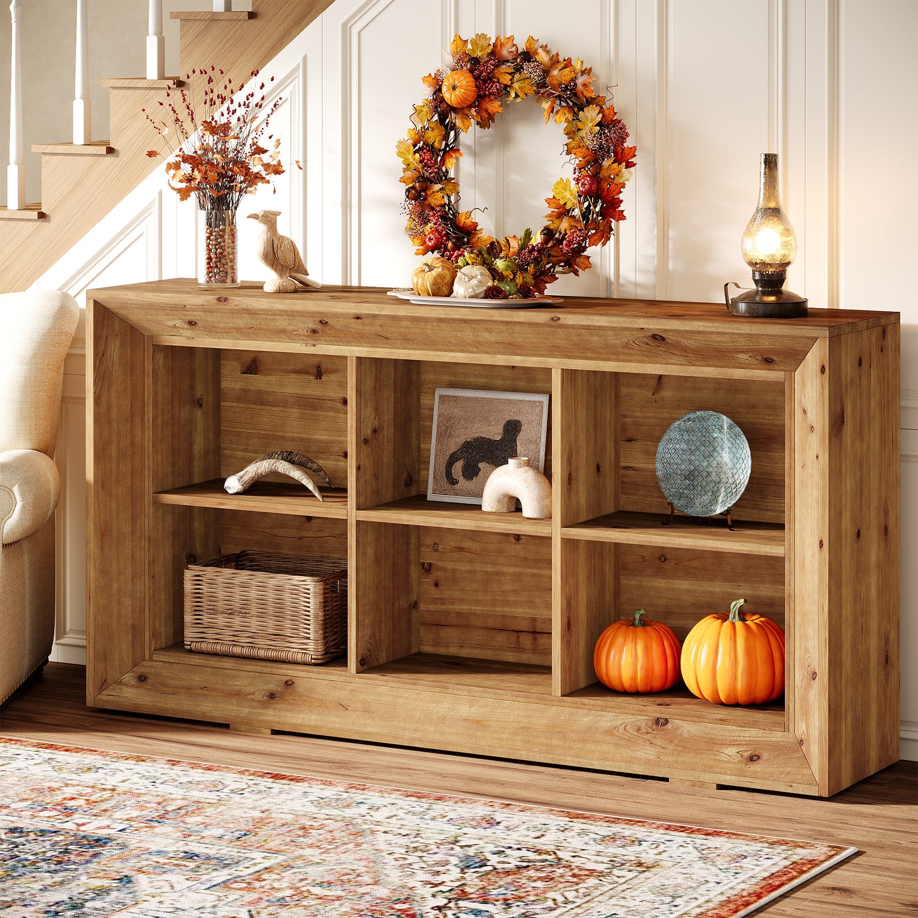 63" Solid Wood Console Table, Farmhouse Entryway Table with 6 Storage Cubes
