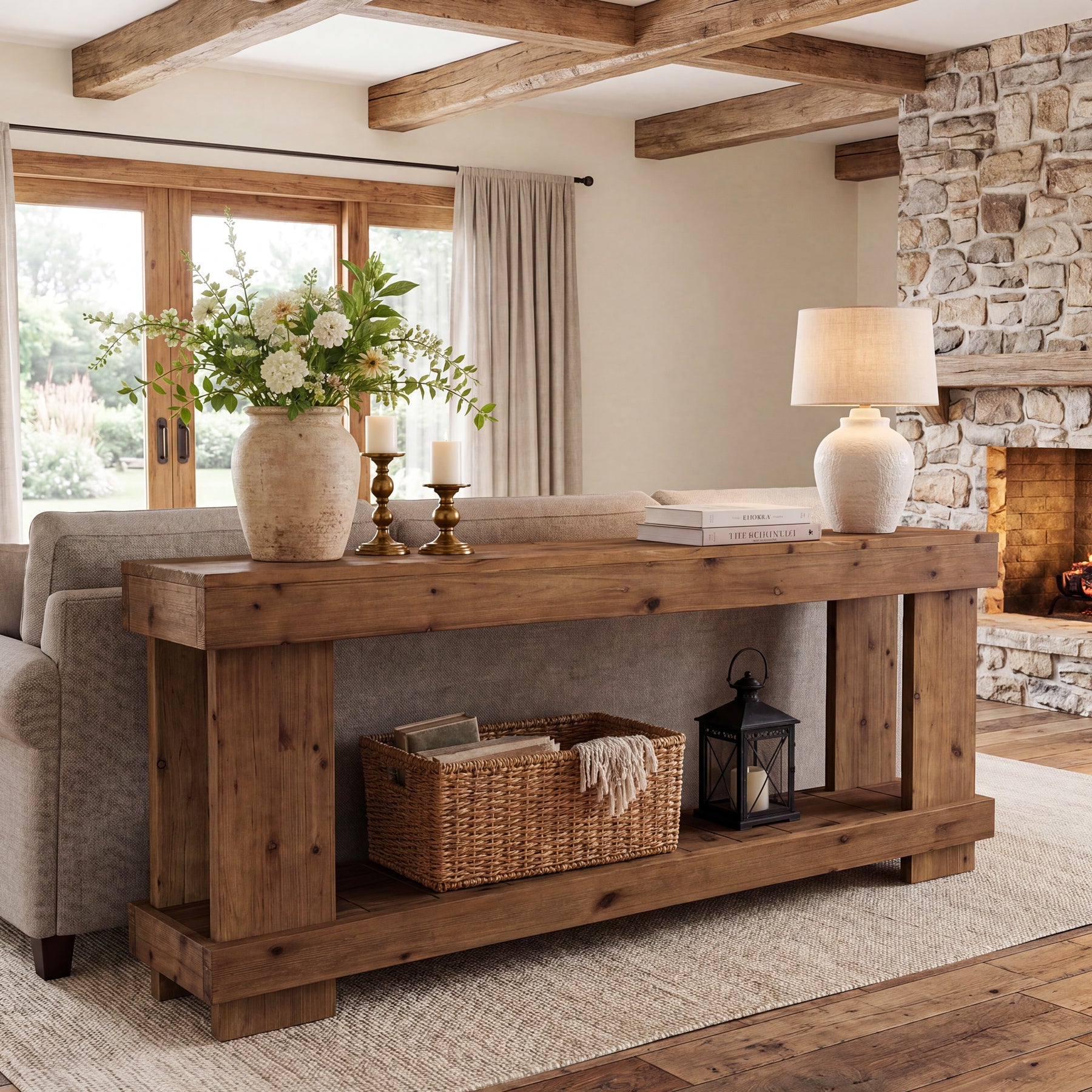 70.87" Solid Wood Console Table, 2-Tier Farmhouse Entryway Table Sofa Table Behind Couch