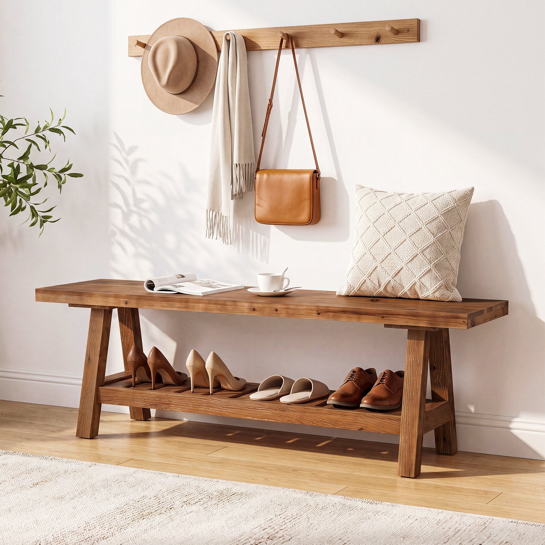 55" Entryway Bench, Solid Wood Shoe Bench End of Bed Seating with Storage Shelf