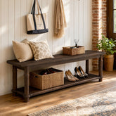 55" Farmhouse Entryway Bench with Open Shelf, 2-Tier Solid Wood Shoe Bench, Hallway 3