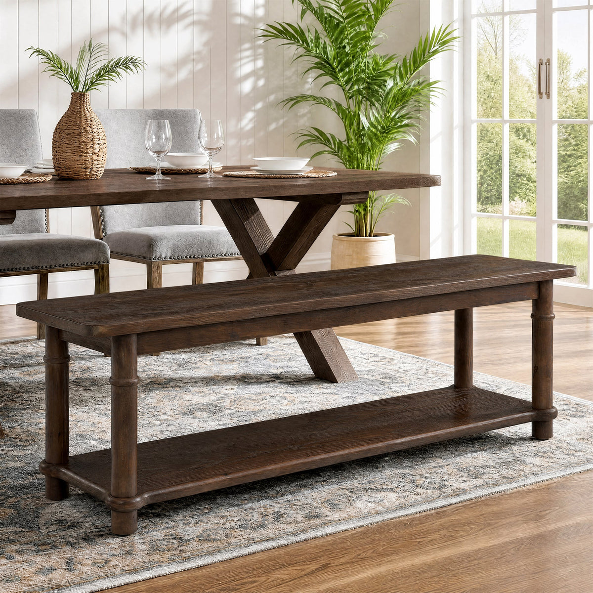 55" Farmhouse Dining Bench, Solid Wood 2-Tier, Kitchen Bench, Dining Room