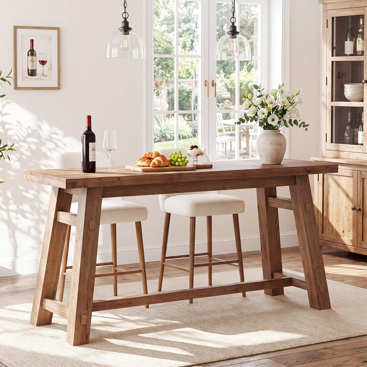 63" Solid Wood Bar Table with Footrest, Rectangular Pub Table, High Top Table