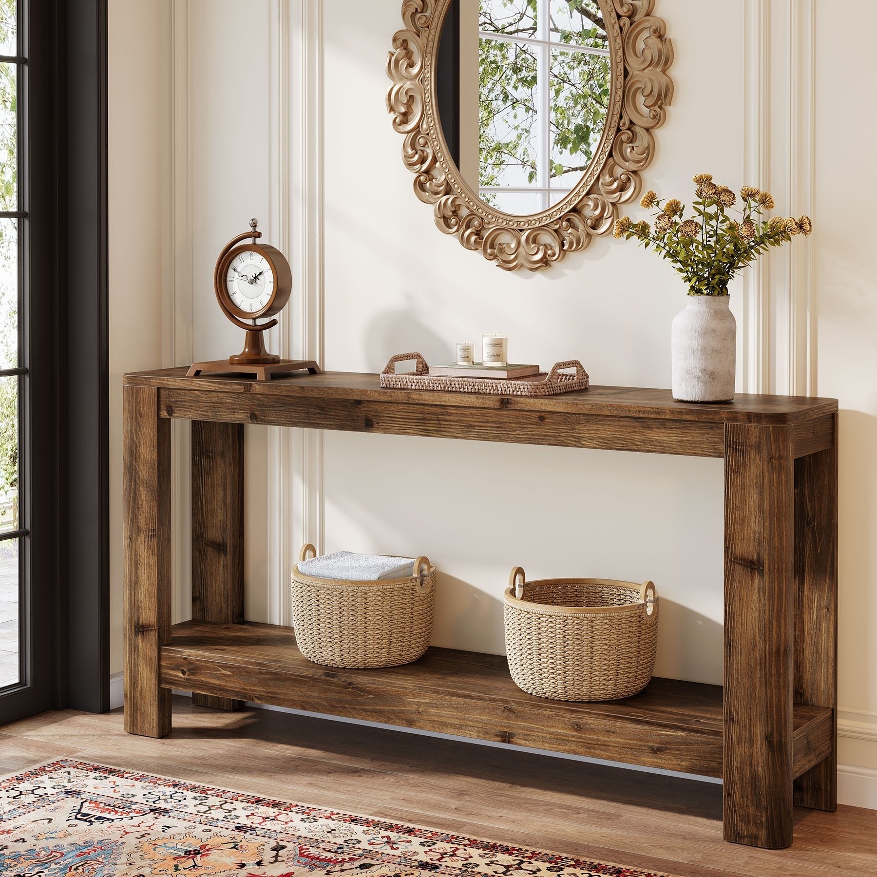 63" Solid Wood Console Table with Shelf, Slim Farmhouse Entryway & Sofa Table for Narrow Spaces