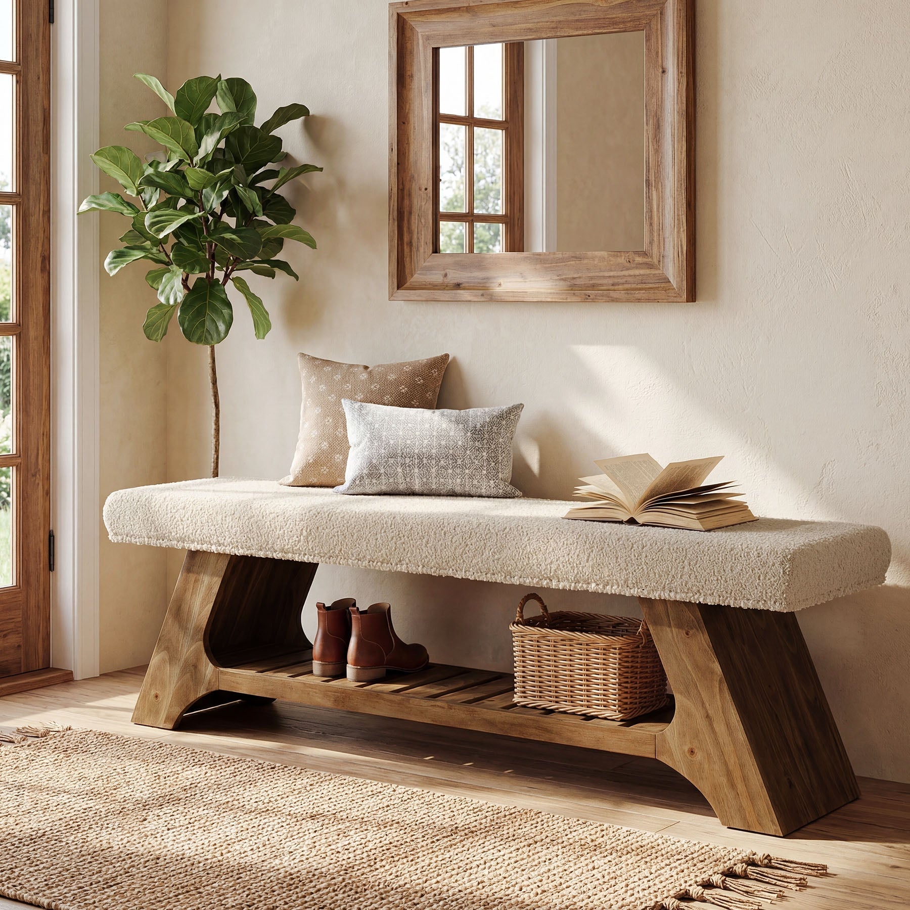 55" Solid Wood Upholstered Bench, 2-Tier Entryway Shoe Storage Bench