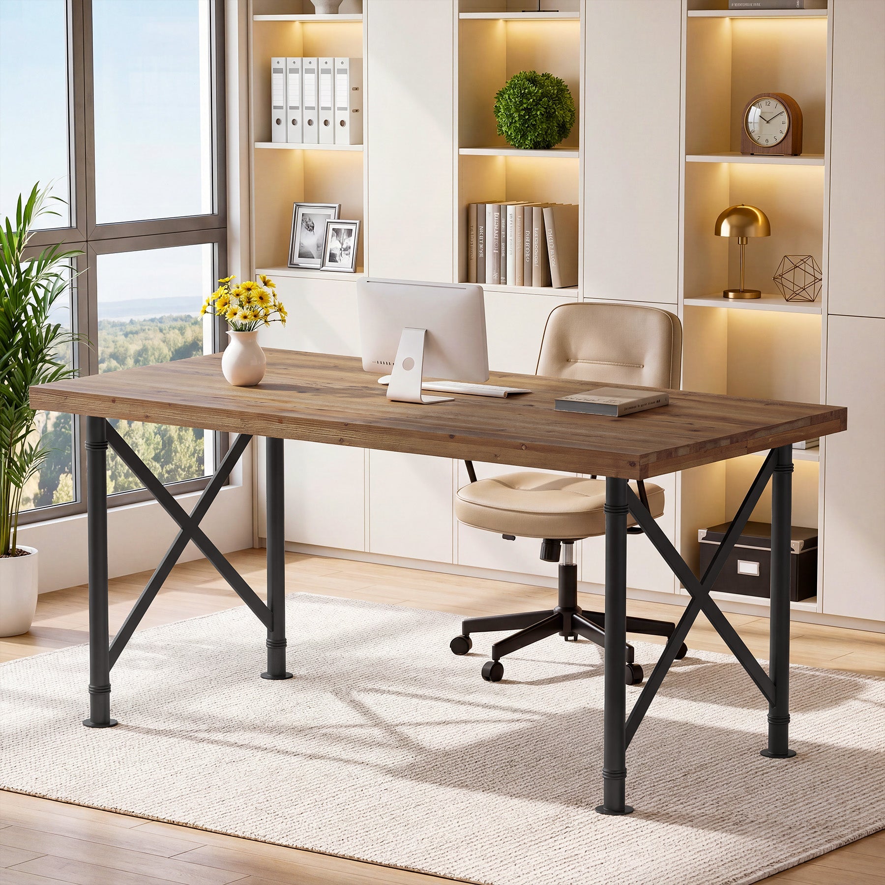 63" Solid Wood Executive Desk, Industrial Home Office Computer Desk