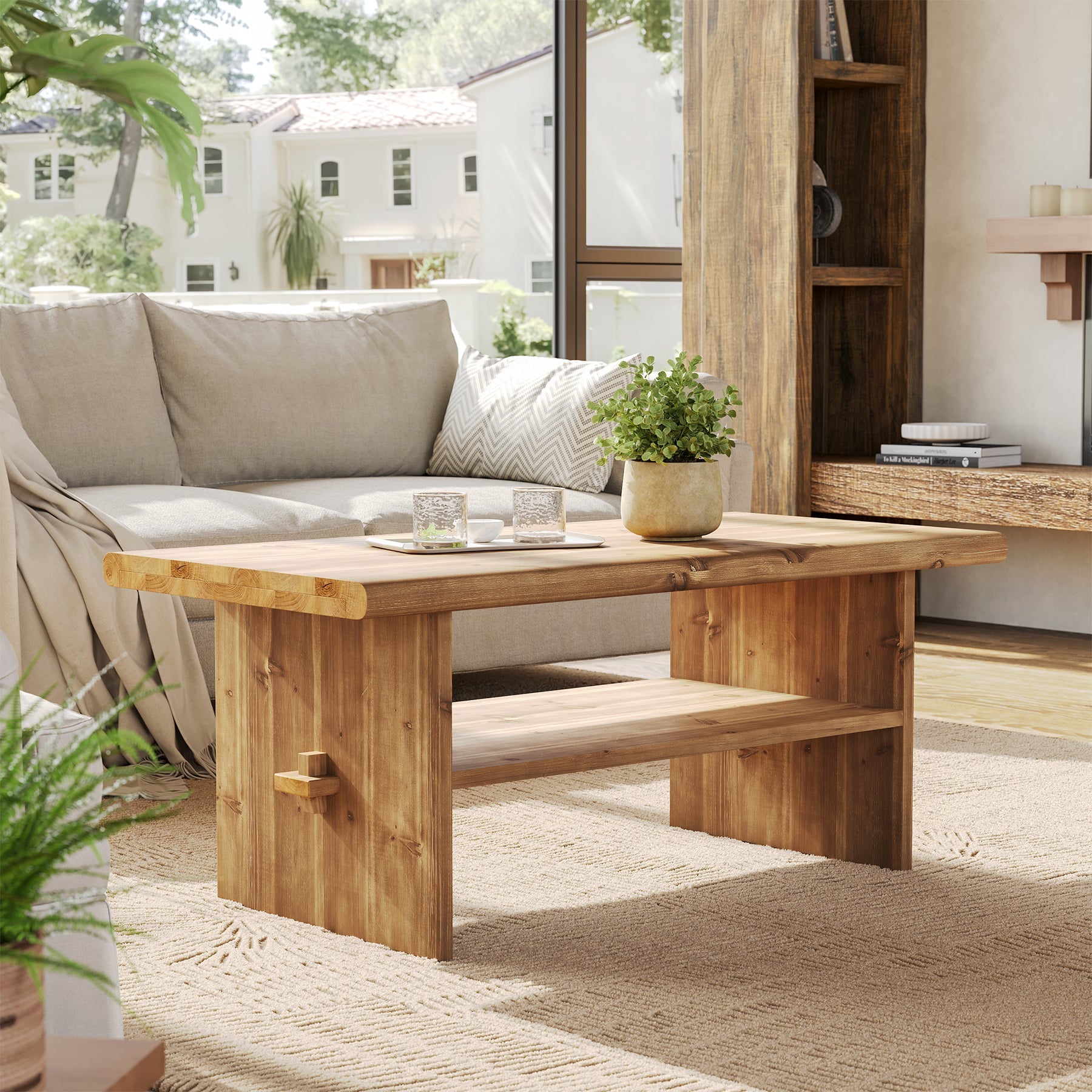47" Wood Coffee Table, 2-Tier Rectangular Center Table Accent Table