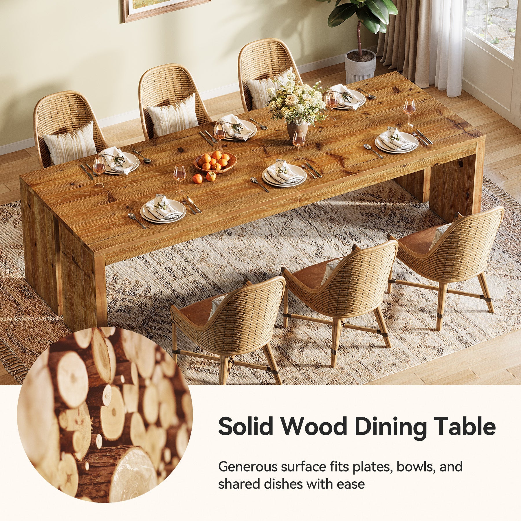 78.7" Solid Wood Dining Table for 6–8, Extra Long Farmhouse Kitchen Table with Thick Top & Reinforced Base