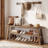 63" Solid Wood Entryway Bench with Storage, 3-Tier Shoe Bench with Open Shelves 3