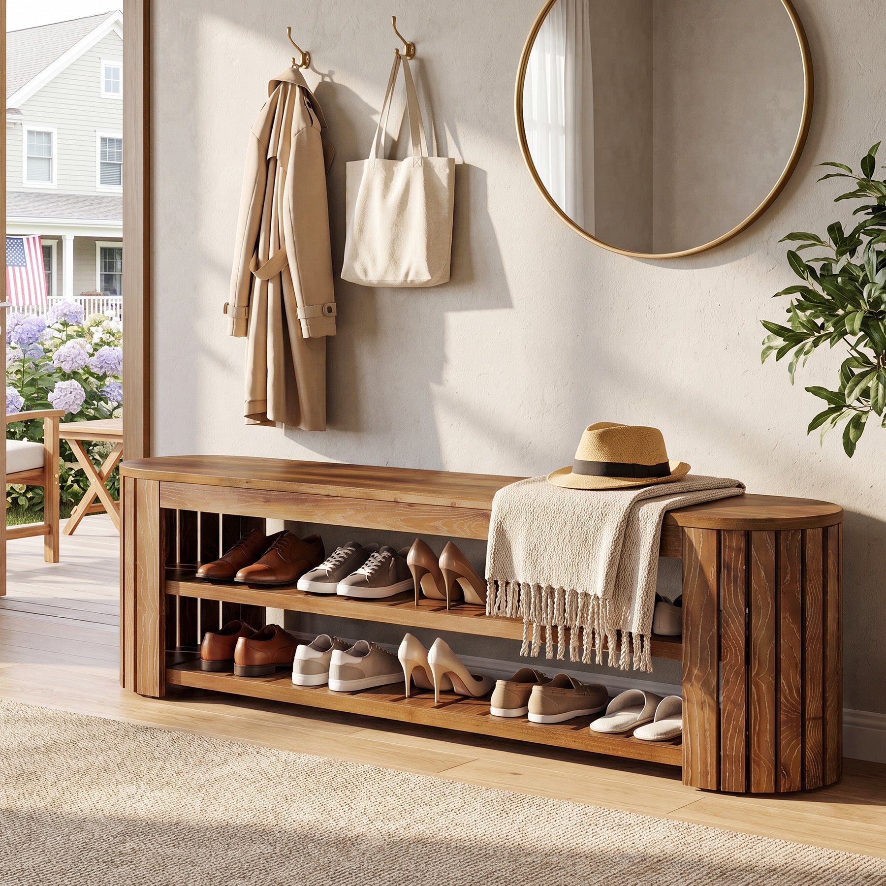 63" Solid Wood Entryway Bench, 3-Tier Window Seating with Shoe Storage