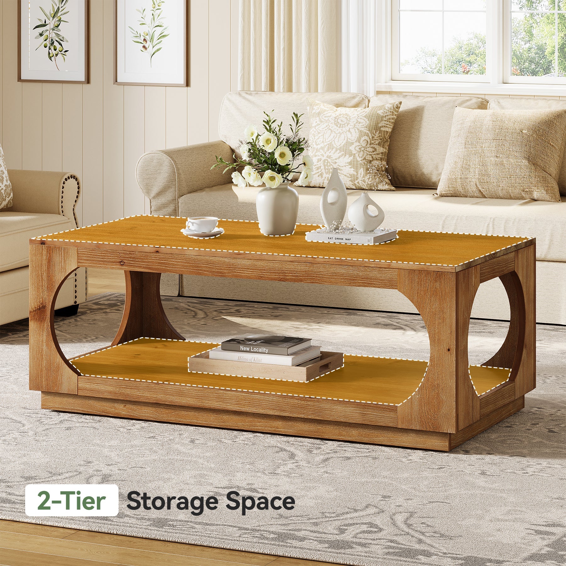 2-Tier Solid Wood Coffee Table, 47.2" Farmhouse Center Tables with Storage