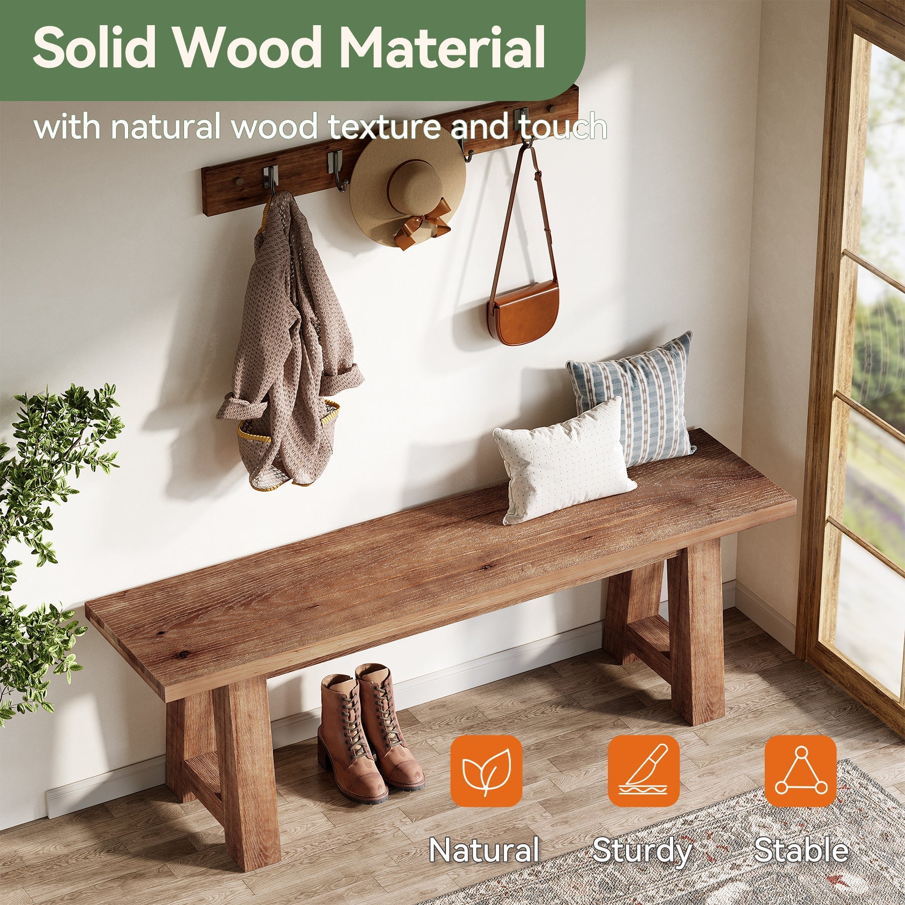 55" Solid Wood Bench, Farmhouse Shoe Entryway Bench for Living Room