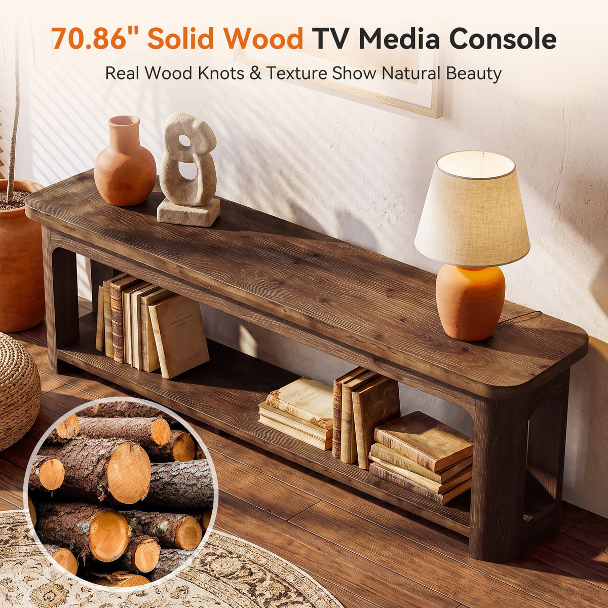 71 Inch Solid Wood TV Stand with Open Storage Shelf, Farmhouse Media Console for Living Room