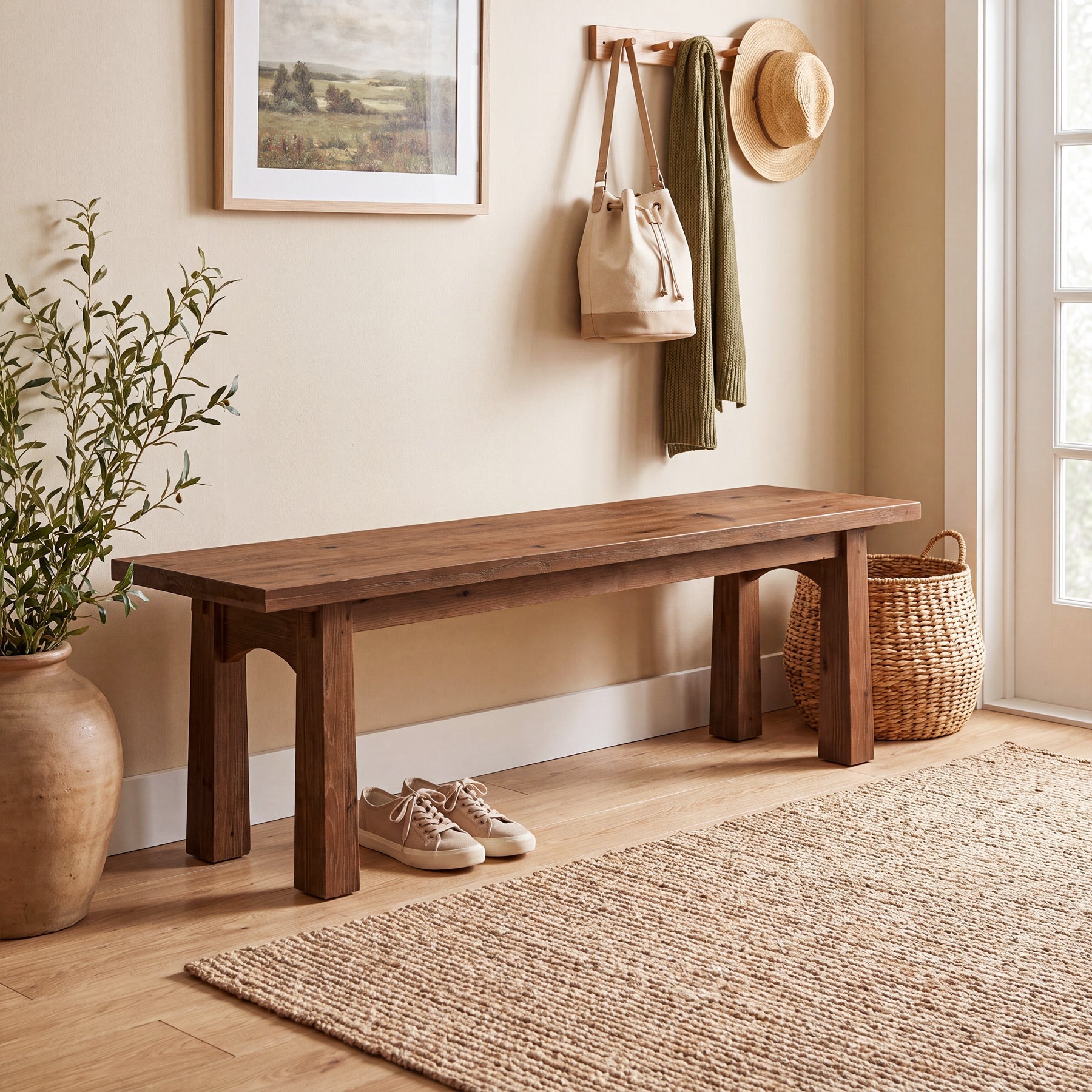 55" Solid Wood Entryway Bench, Farmhouse Shoe Bench End of Bed Bench, Easy Assembly