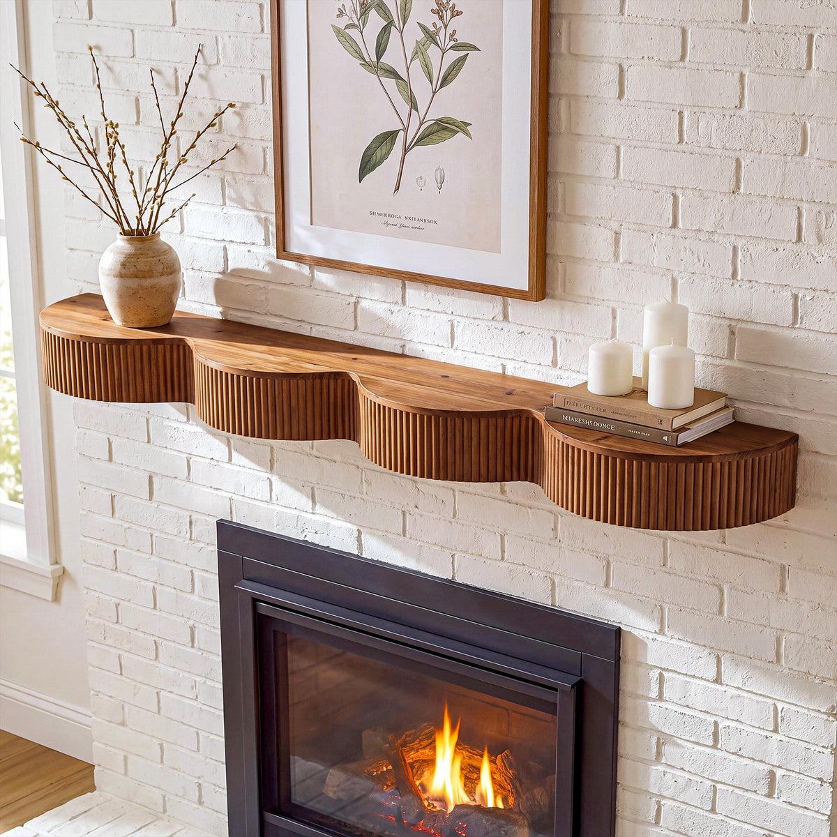 70.9" Fireplace Mantel, Solid Wood Fluted Floating Display Mantel Shelf for Living Room