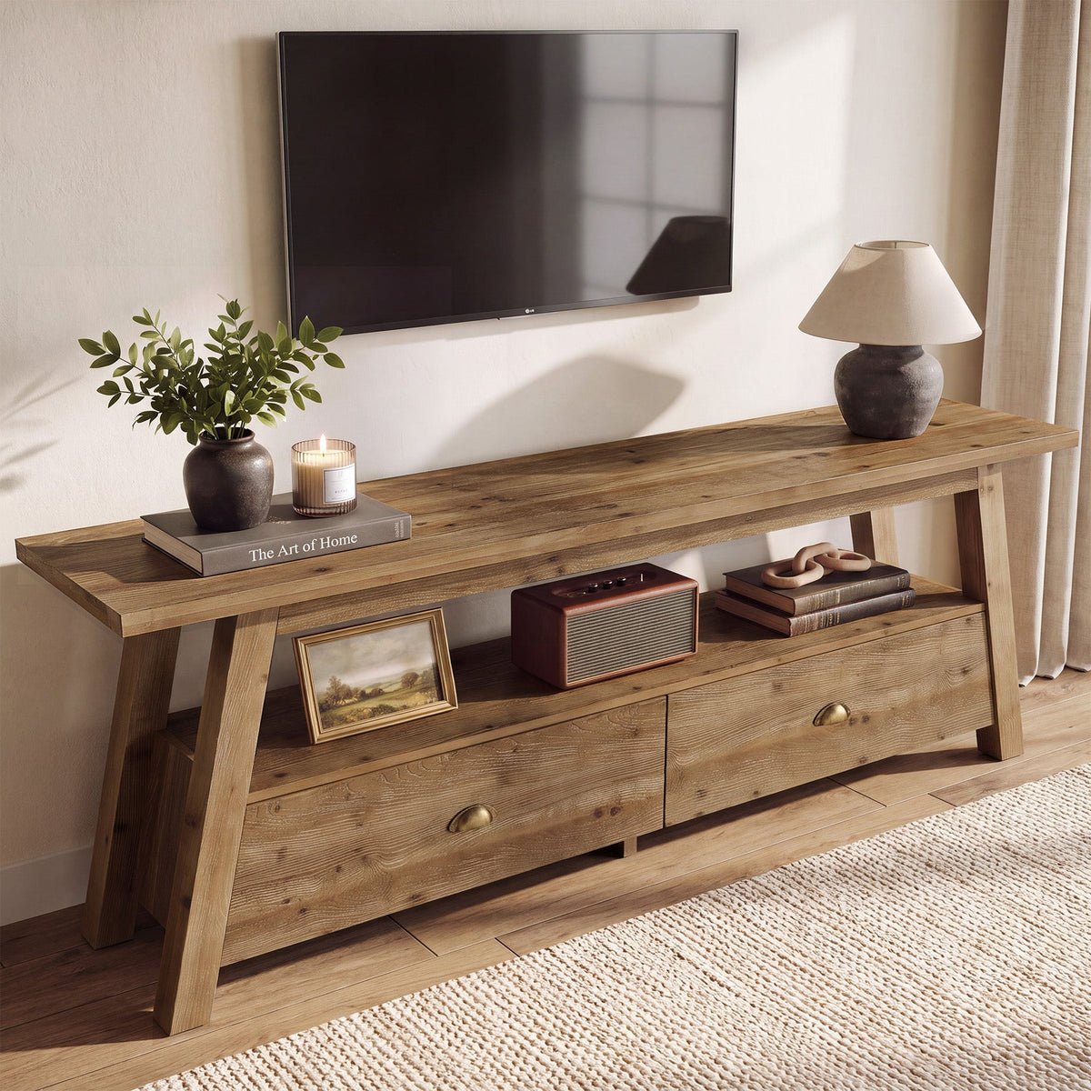 63" TV Stand for TVs Up to 70", Solid Wood 2-Tier Media Console with Drawers