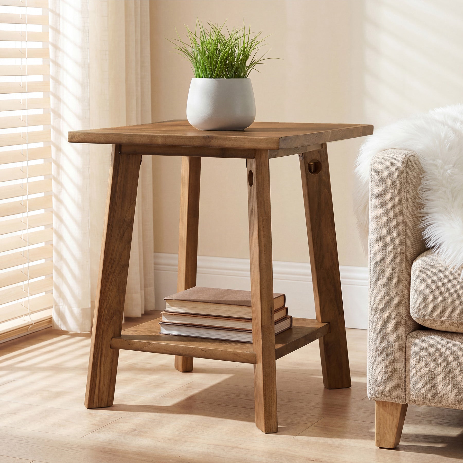 19.69" Solid Wood End Table, Small Side Table with 2-Tier Storage Shelf for Living Room