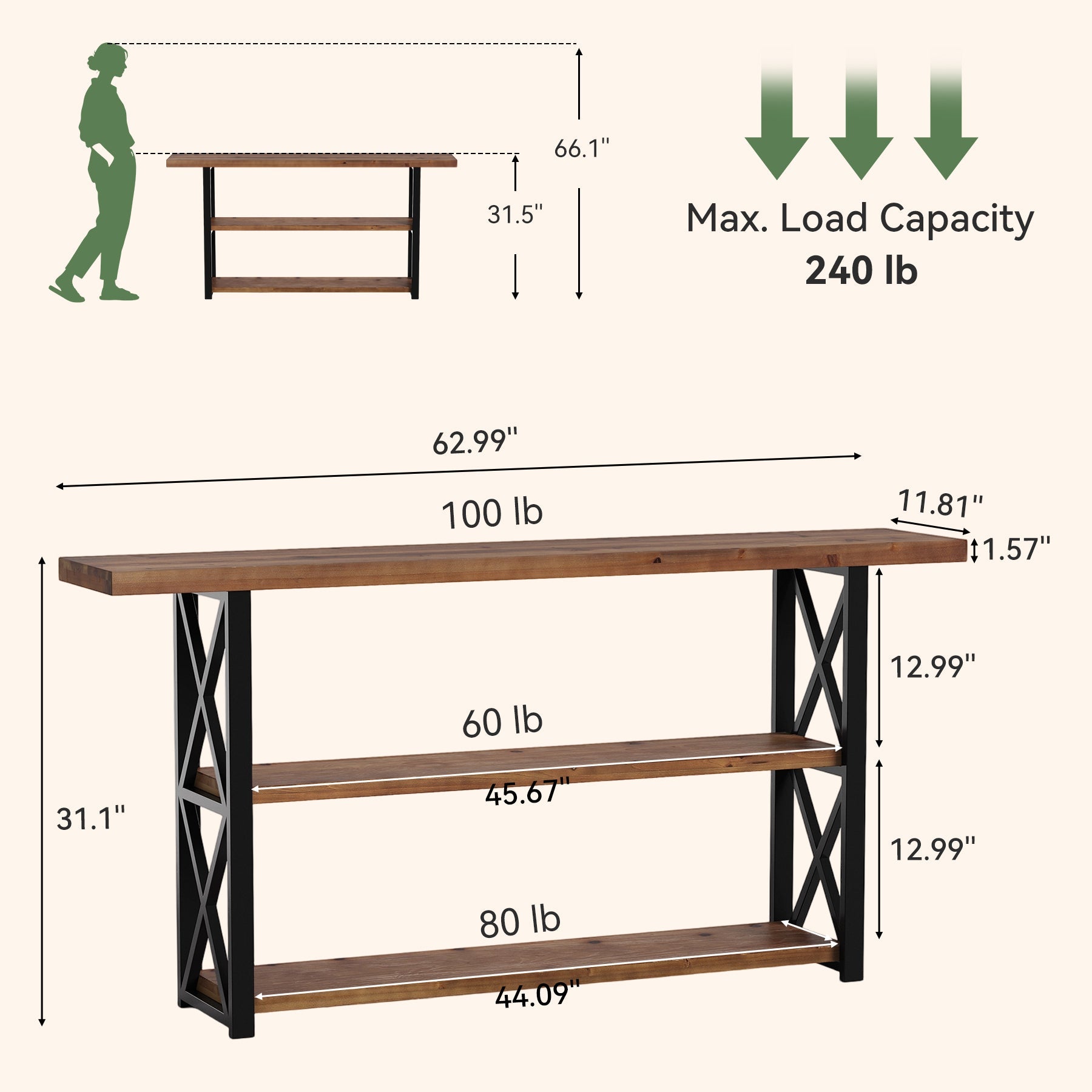 63" Solid Wood Console Table, 3-Tier Narrow Behind Couch Sofa Table, Entryway