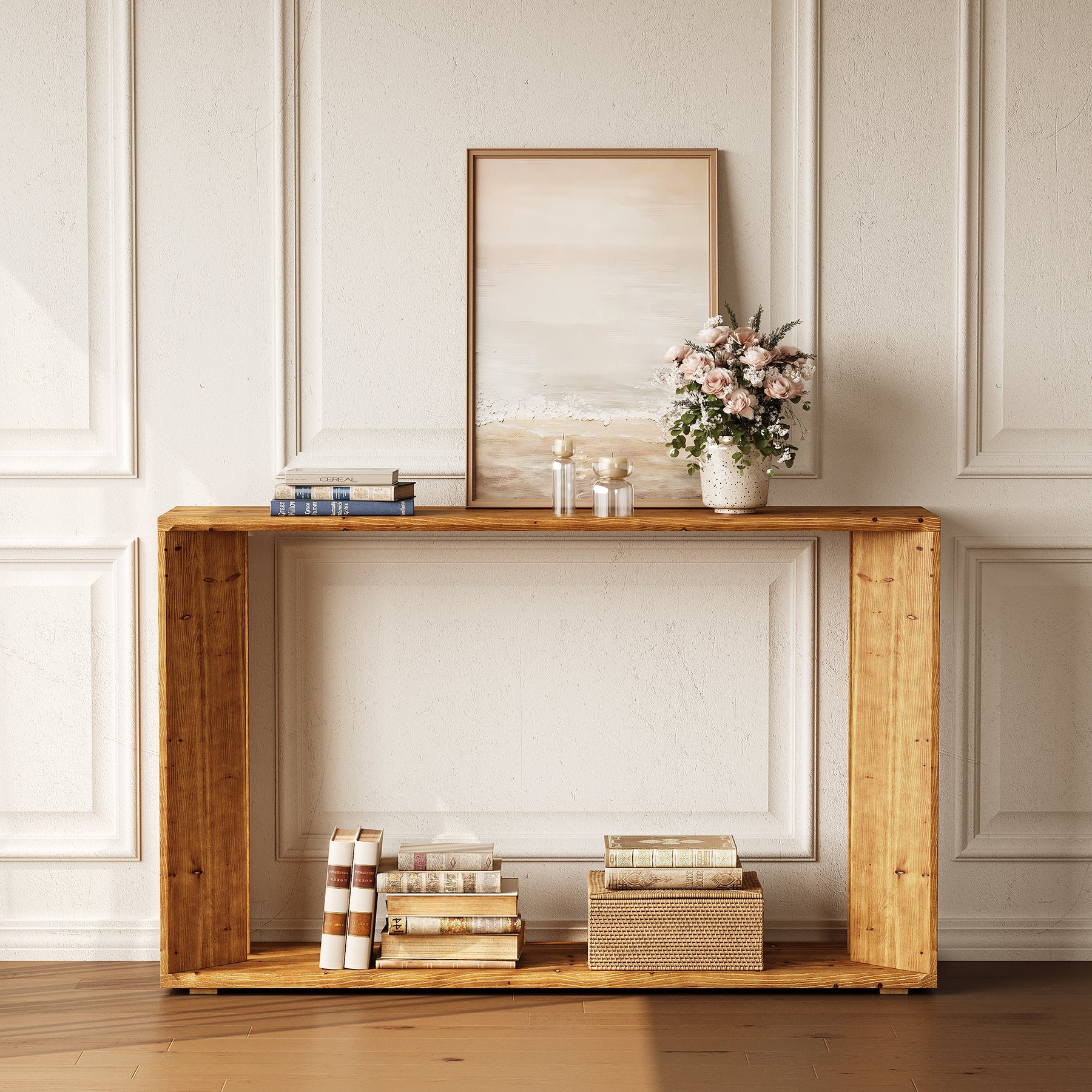 2-Tier Solid Wood Console Table, 55" Farmhouse Entryway Table for Foyer