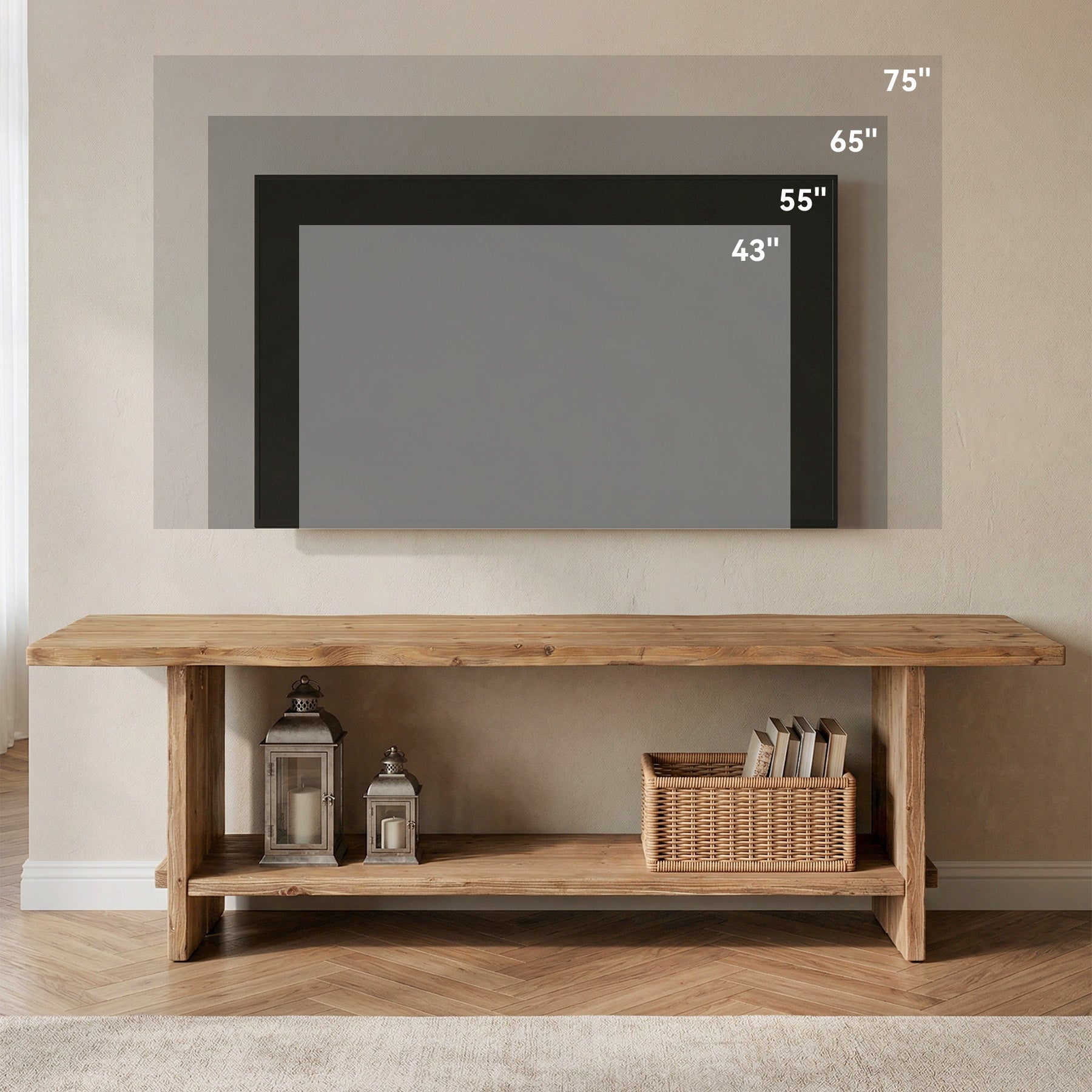 71" Solid Wood TV Stand for 55–85 Inch TVs, Farmhouse Media Console with Storage Shelf, Wooden Entertainment Center