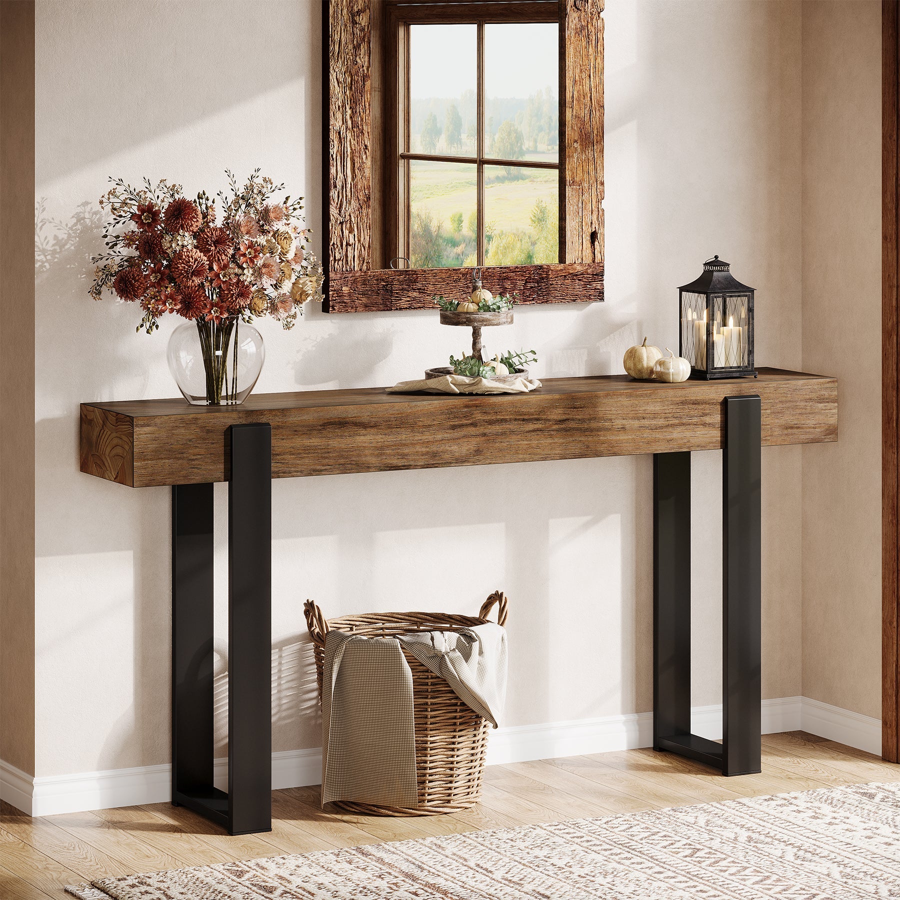 Solid Wood Console Table, 63" Entryway Sofa Table with Metal Legs