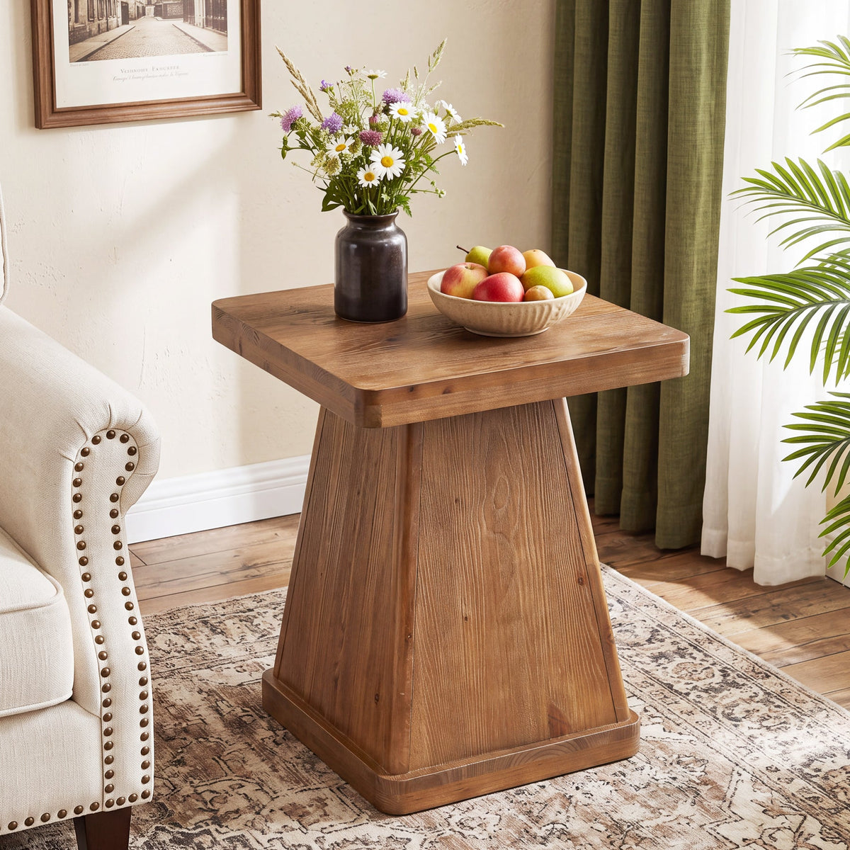19.69" Square Solid Wood End Table, Accent Side Table with Pedestal Base for Living Room