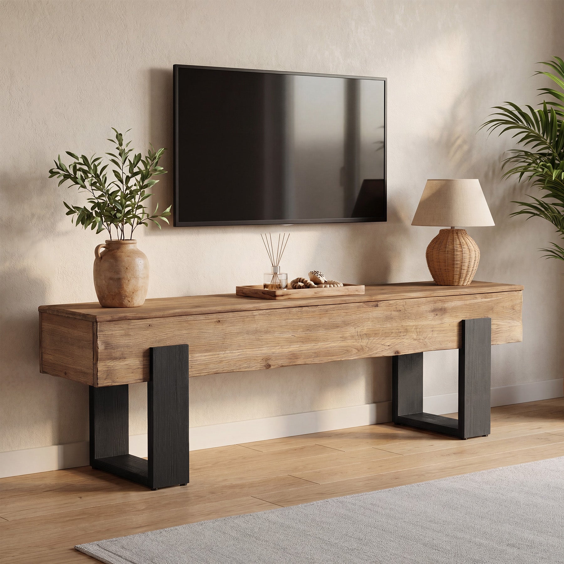 63" Solid Wood TV Stand, Farmhouse Entertainment Center for 55/60/65/75-Inch TVs