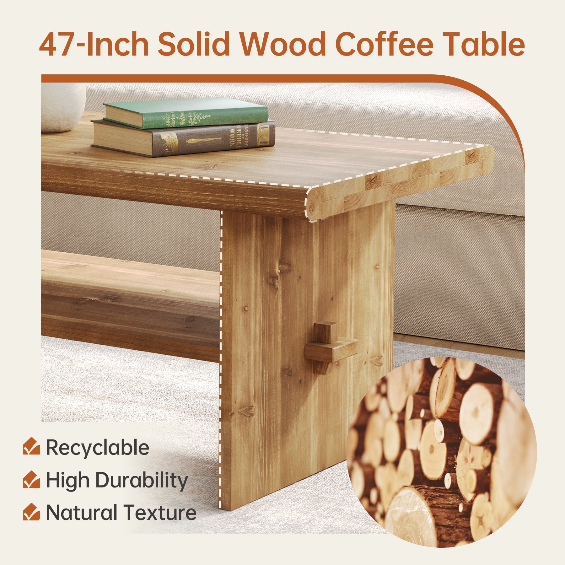 47" Wood Coffee Table, 2-Tier Rectangular Center Table Accent Table
