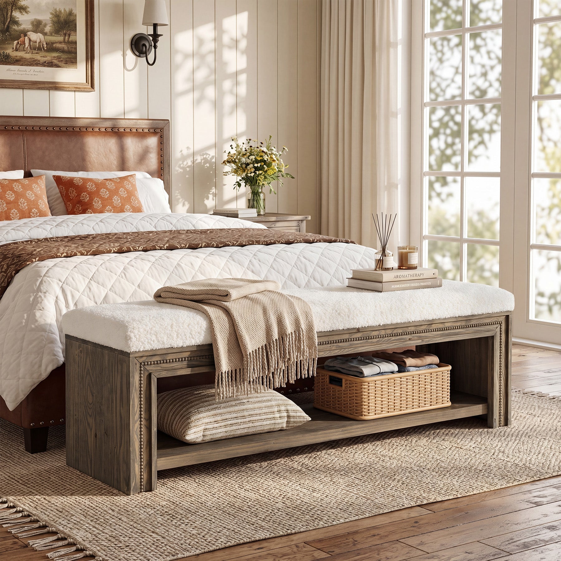 Solid Wood End of Bed Bench, 55.12" Upholstered Bed Bench with Storage for Bedroom