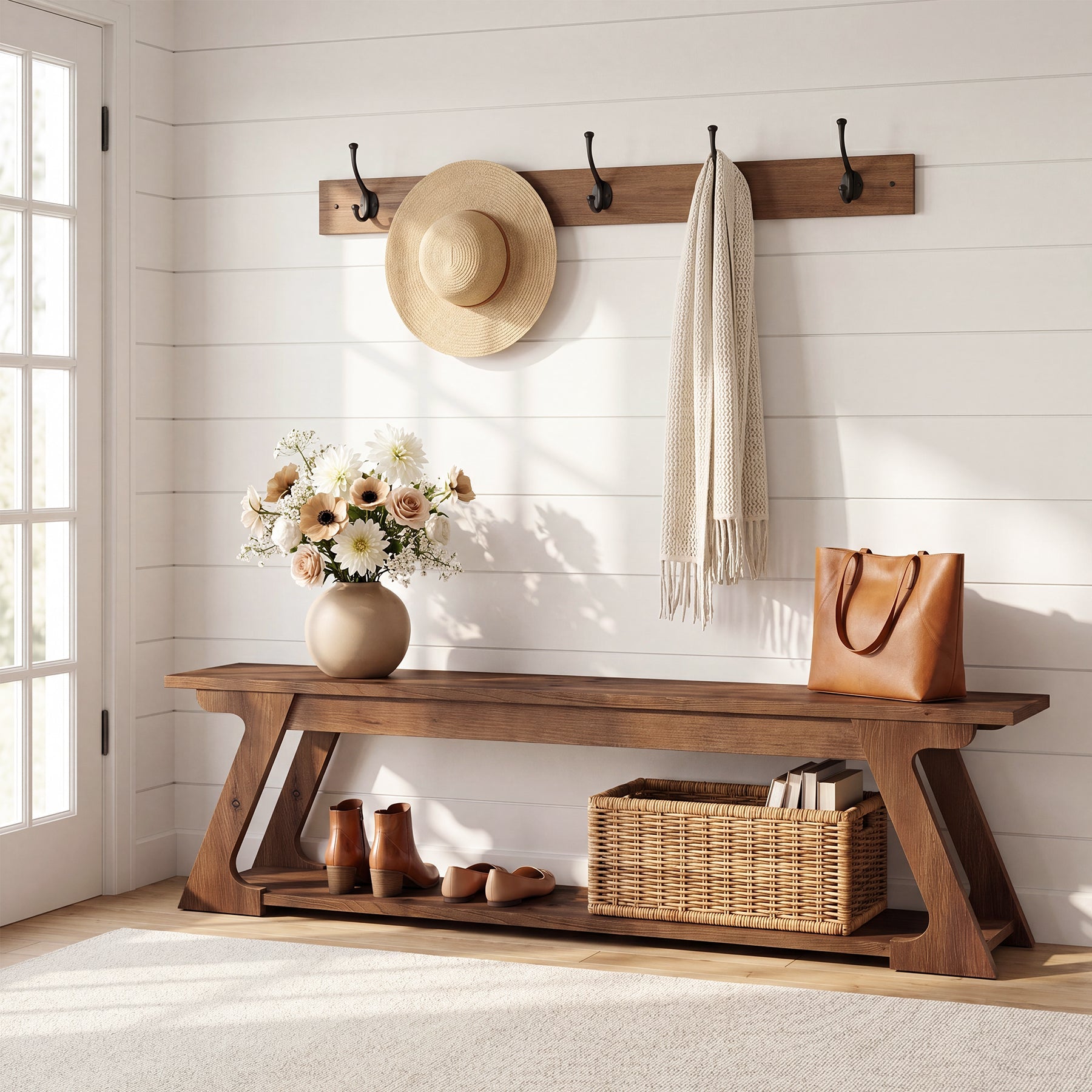 59" Solid Wood Entryway Bench, End of Bed Bench with Trapezoidal-Shaped Leg