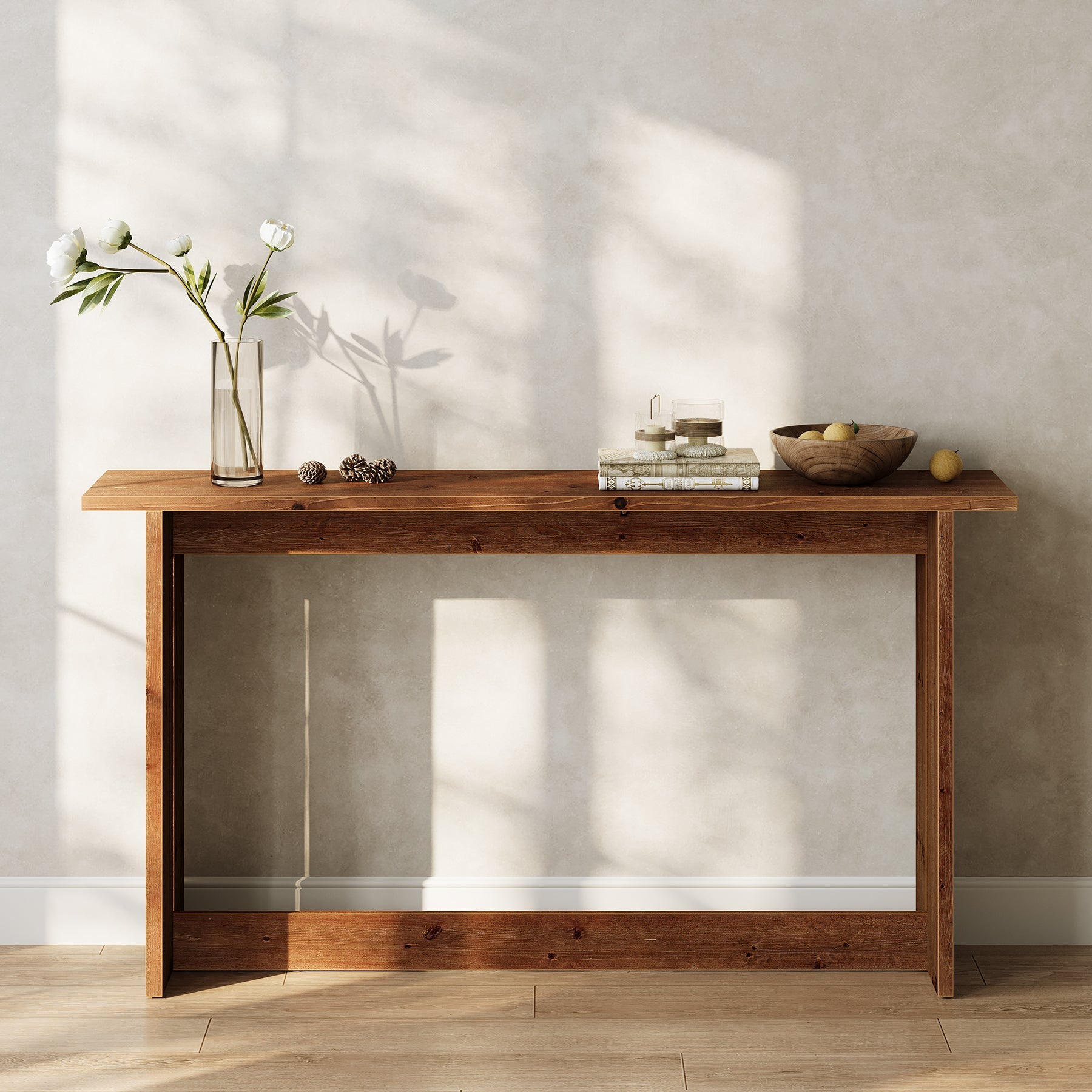 63“ Solid Wood Farmhouse Console Table with Bottom Shelf, Entryway Sofa Table for Hallway or Behind Couch