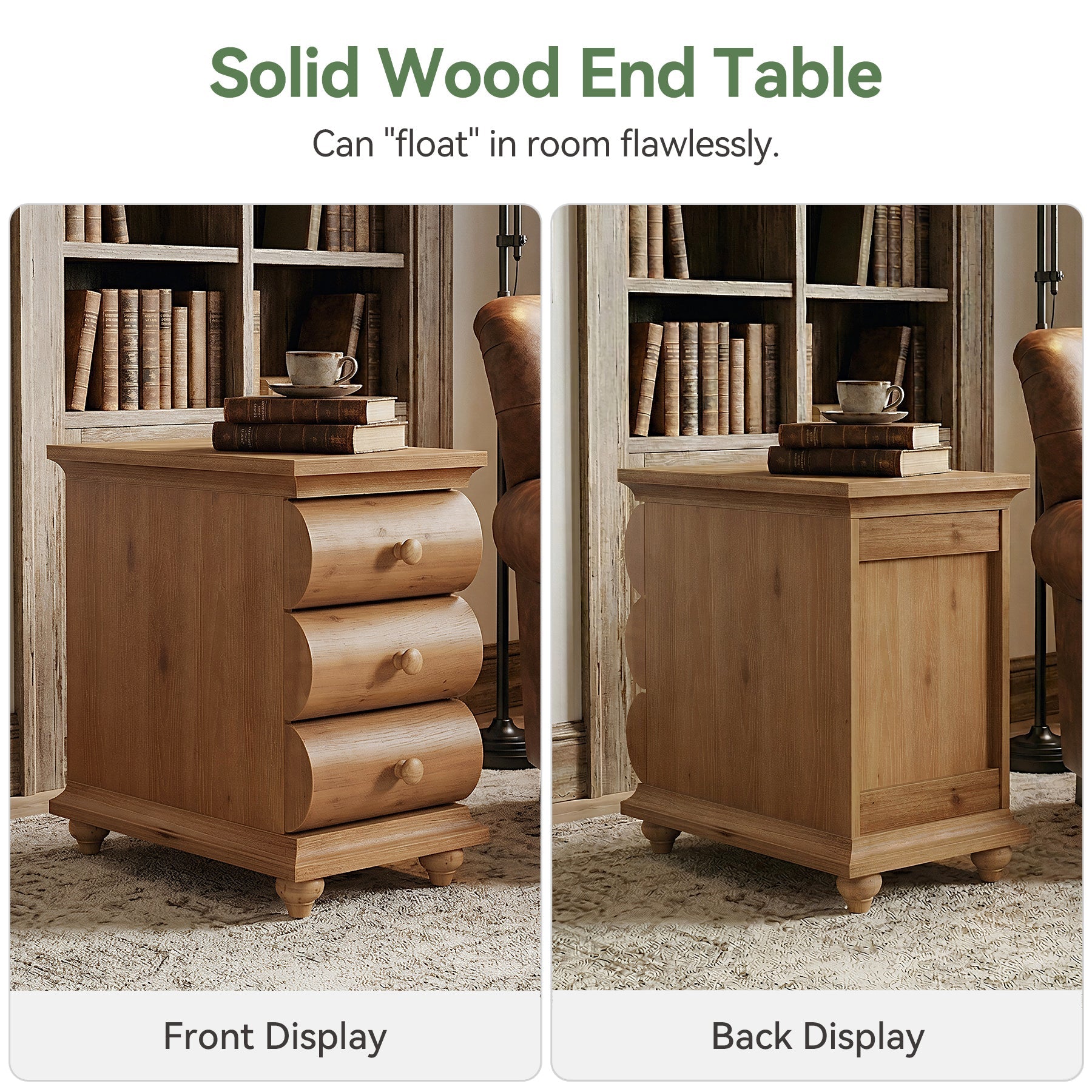 Solid Wood End Table with 3 Drawers, Narrow Side Table with Storage